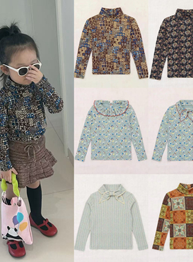 Miyababy MP复古印花领结T恤男女童2025秋冬高端有机棉高领长袖衫