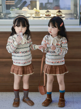 Miyababy MP桃心领结提花针织衫套装女童秋冬纯棉长袖衫百褶裙裤