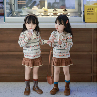MP桃心领结提花针织衫 百褶裙裤 套装 衫 女童秋冬纯棉长袖 Miyababy