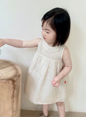 miyababy 小红旗莱塞尔连衣裙女童夏季花边领无袖真丝布拼接裙子