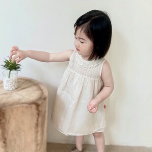 真丝布拼接裙子 花边领无袖 miyababy 小红旗桑蚕棉连衣裙女童夏季