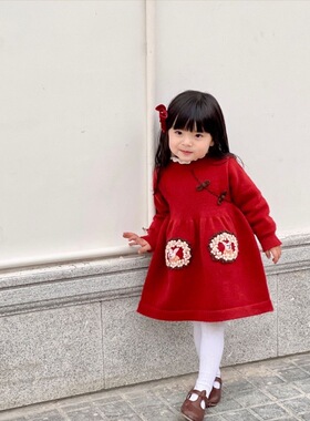 miya女童拜年服2022冬季新年款全手工兔子绣花宝宝红色旗袍针织裙