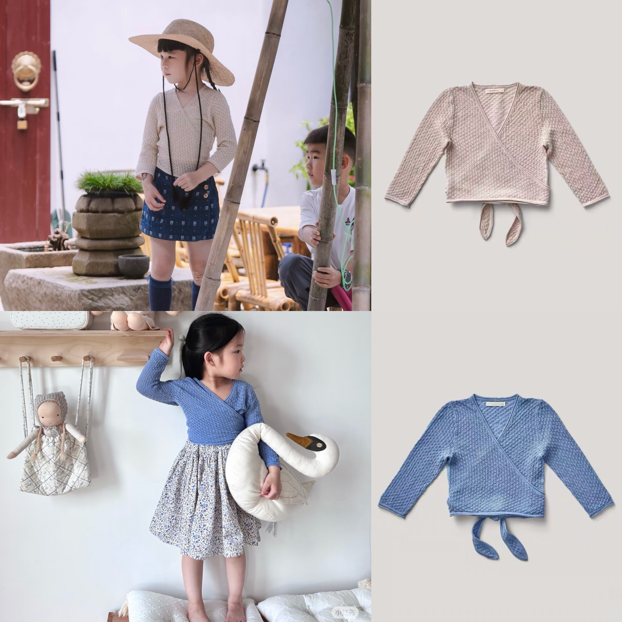 Miyababy系带九分袖防晒空调衫女童2026春夏韩版镂空针织坎肩开衫