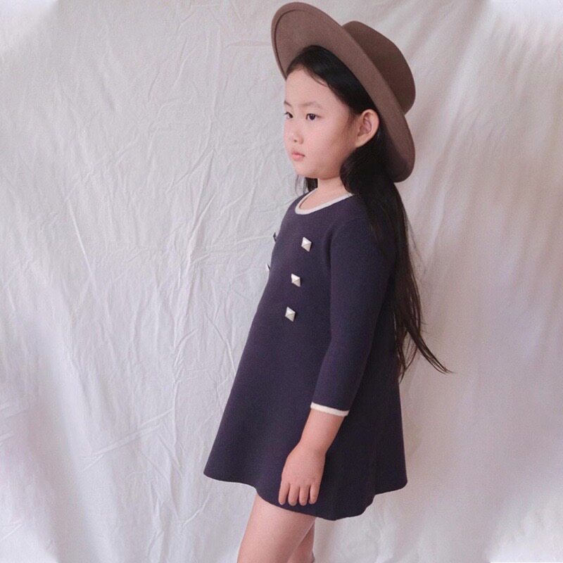 miyababy 海军风针织连衣裙女童2023秋冬洋气长袖圆领宝宝毛线裙
