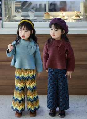 Miyababy MP斜领蝴蝶结喇叭口毛衣套装女童2025冬彩虹波纹阔腿裤