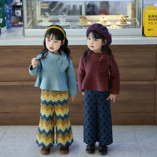 Miyababy MP斜领蝴蝶结喇叭口毛衣套装女童2025冬彩虹波纹阔腿裤