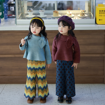 MP新款斜领蝴蝶结喇叭口毛衣套装