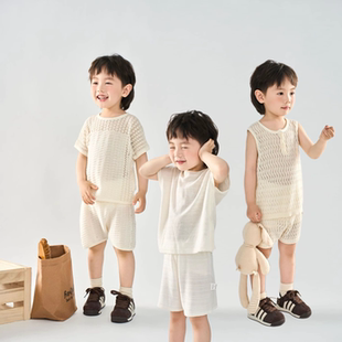 敲薄凉爽桑蚕丝棉套装 短裤 男女童2025夏季 简约挑花短袖 新款 Miya