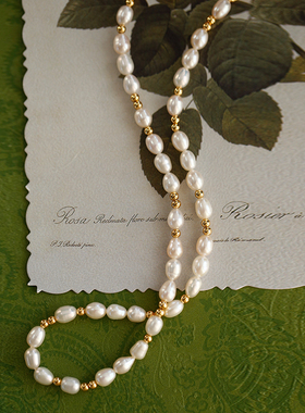 杏花微雨丨天然珍珠间金珠项链