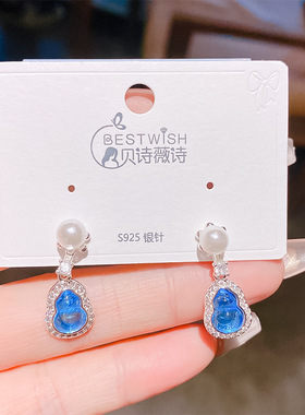 实拍【高品质】厚银福禄蓝色百搭气质耳环女新中式感复古耳钉饰品