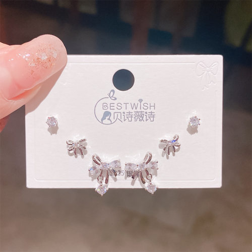 实拍精致感蝴蝶结水滴吊坠小耳钉三对装 女银针简约百搭耳环套装