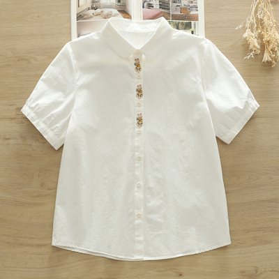 纯棉白衬衫女短袖日系宽松正肩学生上衣学院风衬衣女款夏季POLO衫