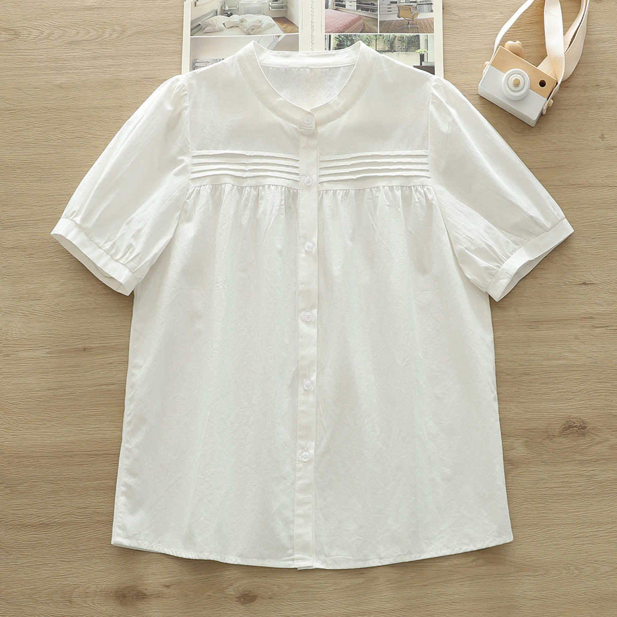 文艺小清新纯棉白衬衫短袖女夏季学生宽松风琴褶皱泡泡袖上衣外套