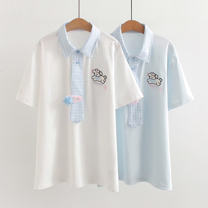 中学生夏季短袖t恤女夏中长款纯棉领带学院风polo衫宽松少女上衣