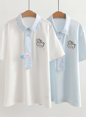 中学生夏季短袖t恤女夏中长款纯棉领带学院风polo衫宽松少女上衣