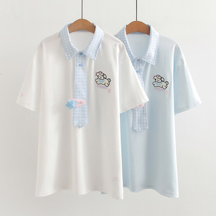 中学生夏季短袖t恤女夏中长款纯棉领带学院风polo衫宽松少女上衣