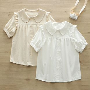 娃娃领短袖衬衫女夏纯棉日系jk制服学生白衬衣宽松法式泡泡袖上衣