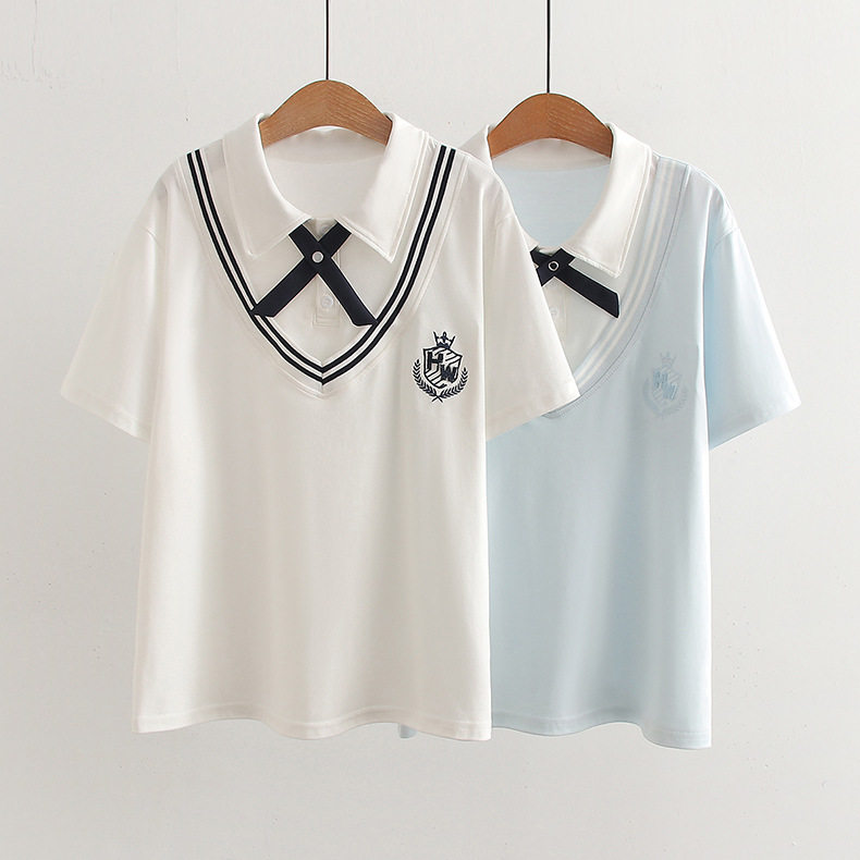 夏季纯棉短袖t恤女大童少女孩假两件上衣初中高中学生宽松POLO衫