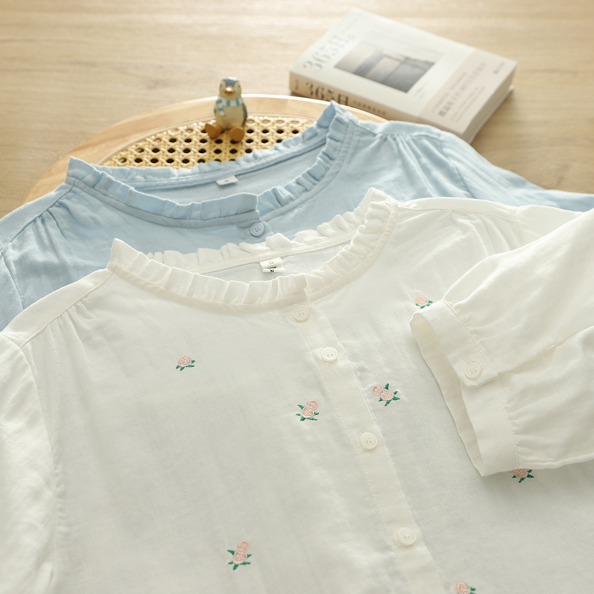 韩版宽松双层棉纱衬衫女短袖夏季立领木耳边半袖衬衣柔软亲肤上衣