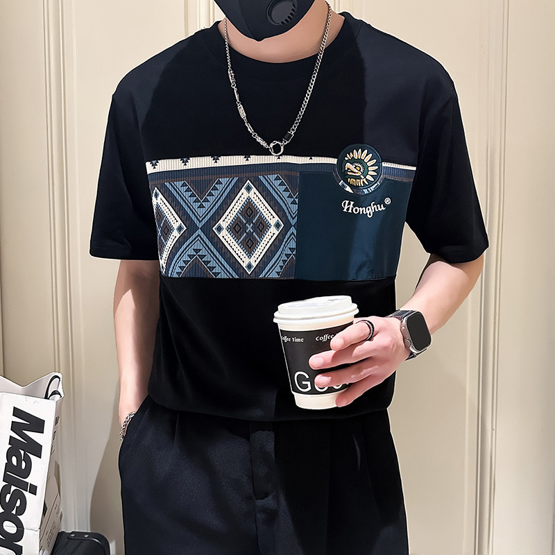 撞色男士短袖t恤拼接刺绣社会小伙店主风夏季半袖B323-DT55-P58,男装T恤,星座301C（原B323）