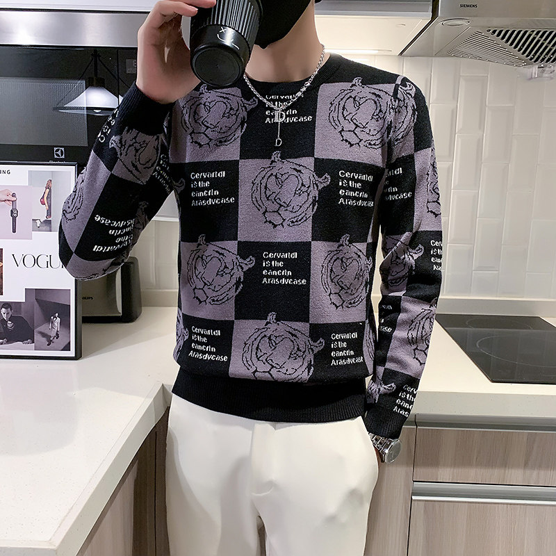 秋冬加厚老虎格子图案毛衣男潮牌社会小伙修身高级感M23-P88两色,男装针织衫/毛衣,星座301C（原B323）