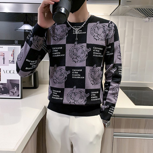 秋冬加厚老虎格子图案毛衣男潮牌社会小伙修身高级感M23-P88 两色图片