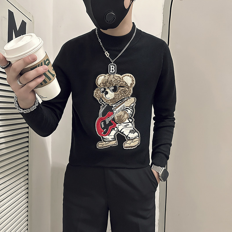 网红社会小伙毛衣男半高领小熊图案打底衫B323-M50-特P58控78图片