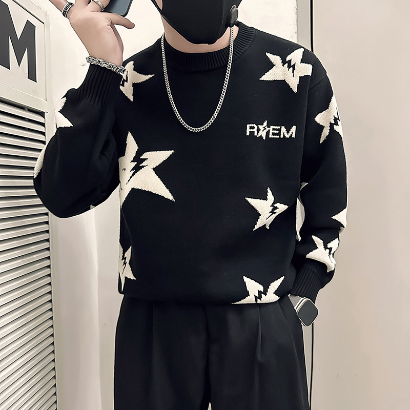 抖音五角星钩花毛衣男圆领加厚针织打底衫B323-M40-P68控98,男装T恤,星座301C（原B323）