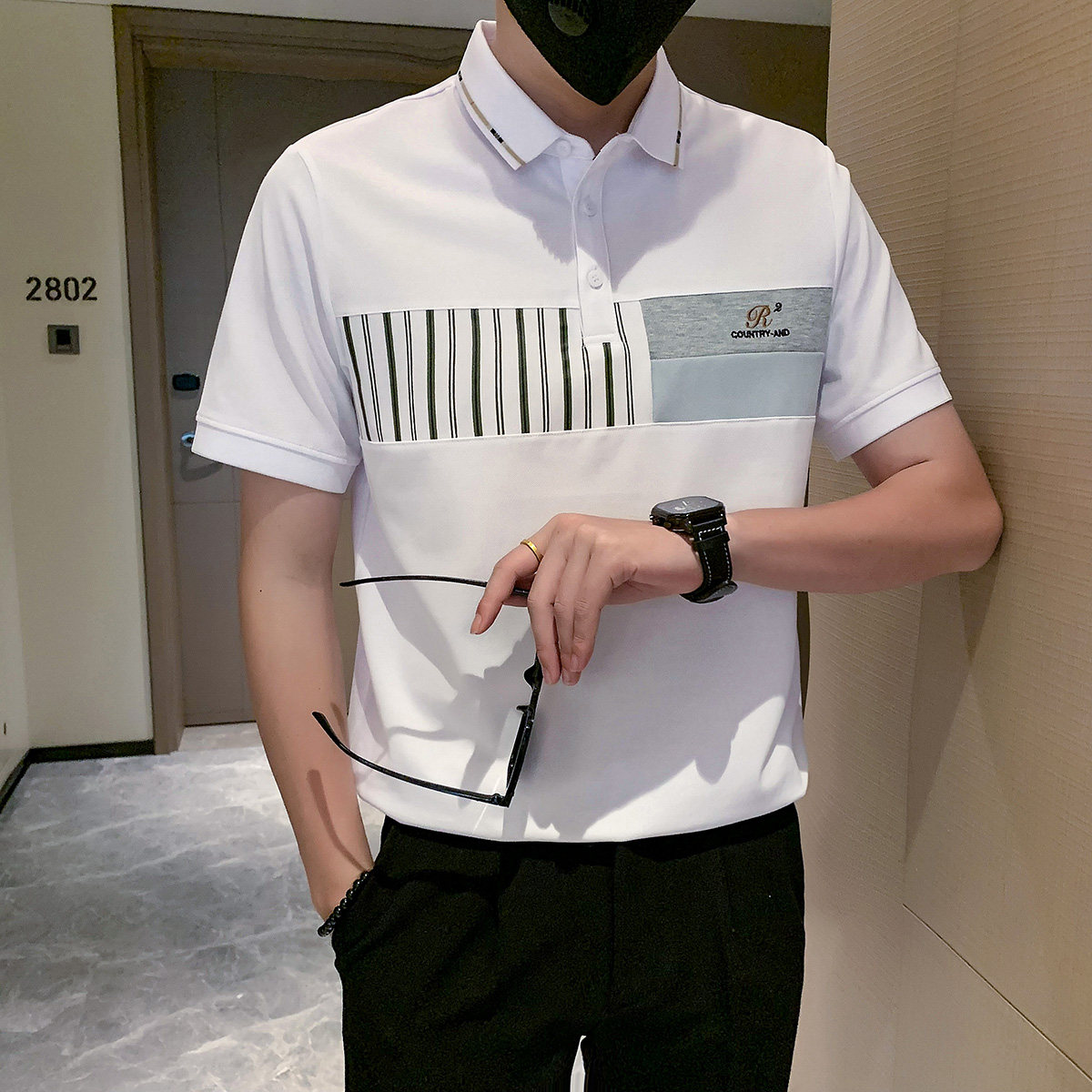 短袖polo衫男潮牌拼接高档高级感痞帅翻领t恤白色PL13/特P58,男装T恤,星座301C（原B323）