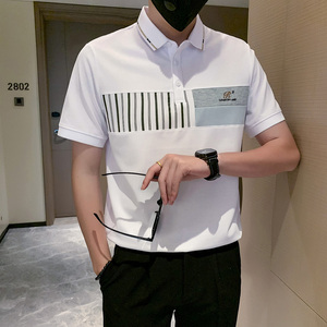 短袖polo衫男潮牌拼接高档高级感痞帅翻领t恤 白色PL13/特P58图片
