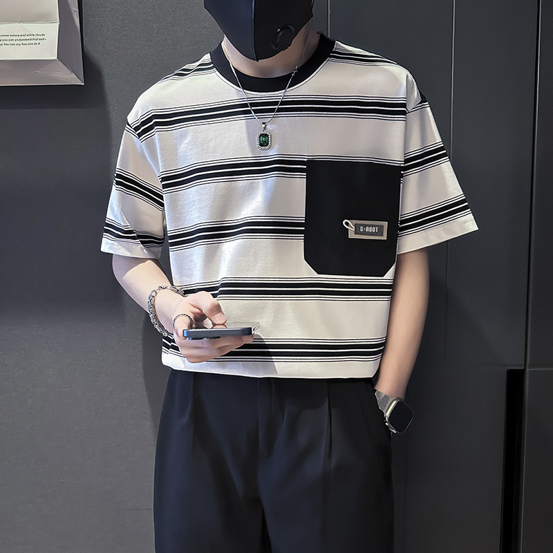夏季条纹T恤男宽松高级痞帅社会小伙店主风B323-DT45-特P58控78图片