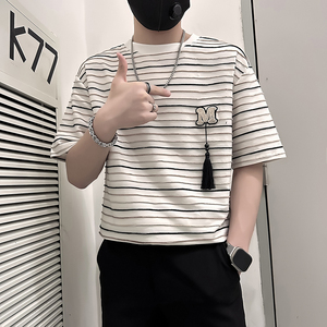 B323-DT74-P55控75社会小伙短袖T恤男店主风条纹痞帅半截袖衣服图片