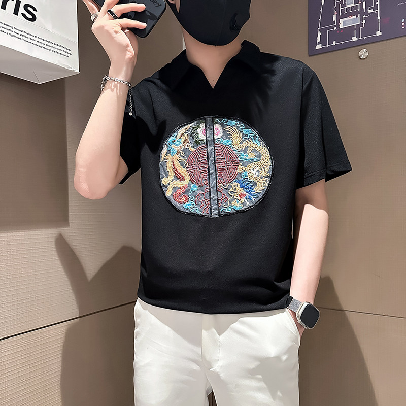 B323-PL22-P55控75社会小伙短袖POLO衫男店主风风大刺绣衣服图片