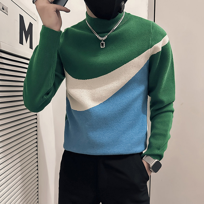 社会小伙毛衣男半高领高级感修身拼色针织衫B323-M49-P78控108,男装针织衫/毛衣,星座301C（原B323）