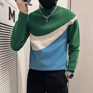 社会小伙毛衣男半高领高级感修身拼色针织衫B323-M49-P78控108图片