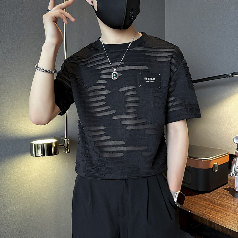 潮男痞帅破洞男士短袖t恤修身社会小伙店主风B323-DT38-P48控68,男装T恤,星座301C（原B323）
