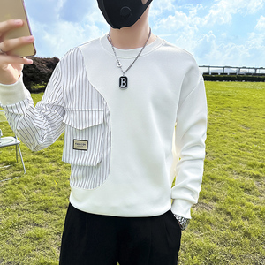 条纹拼接真口袋卫衣男设计感潮牌社会小伙长袖外套B323/WY09A/P58,余文乐灰色短裤搭配图片