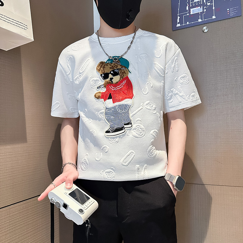 B323-DT66-P48控68社会小伙短袖T恤男店主风小熊刺绣潮流半袖衣服,男装T恤,星座301C（原B323）