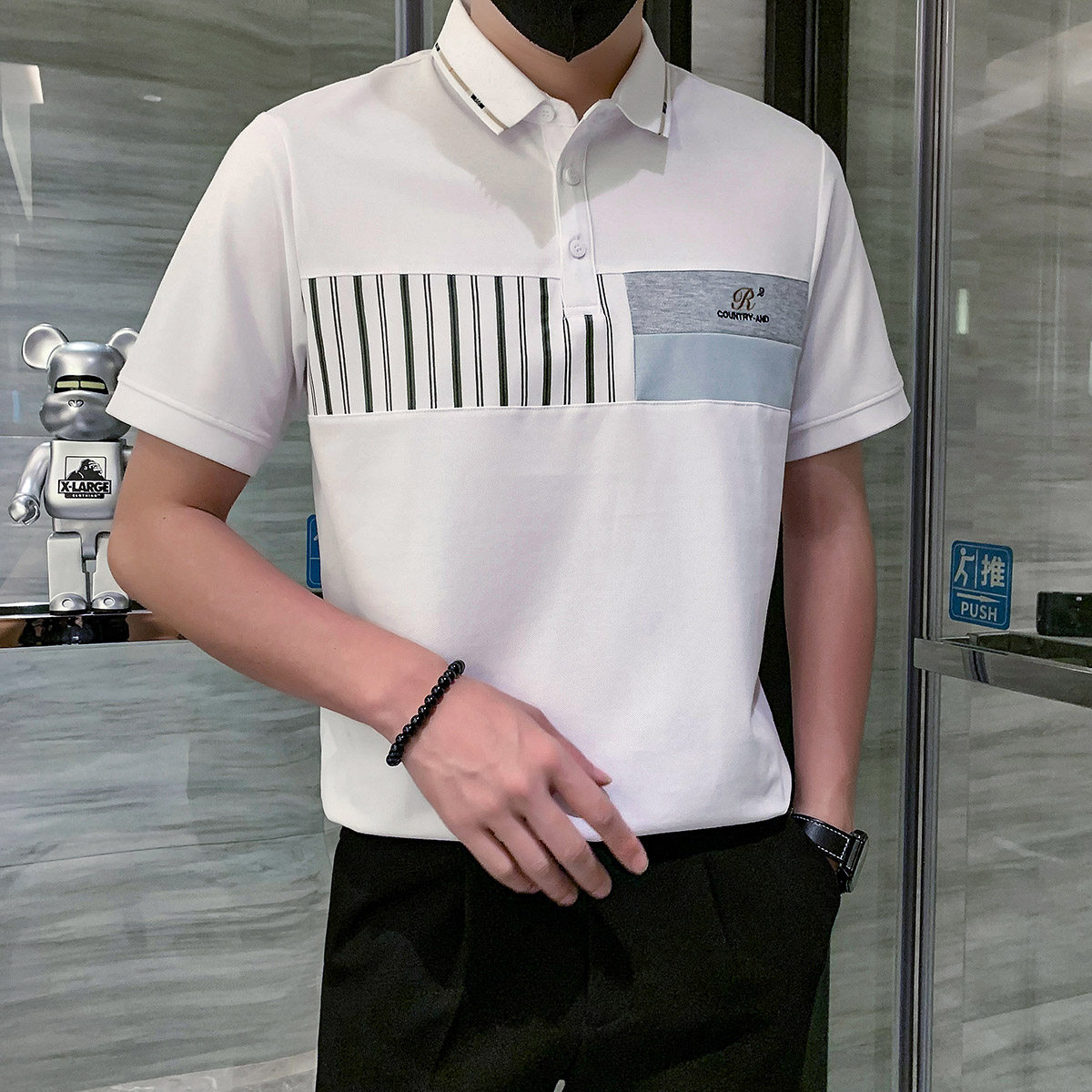 短袖polo衫男潮牌拼接高档高级感痞帅社会小伙t恤白色PL13/特P58,男装Polo衫,星座301C（原B323）