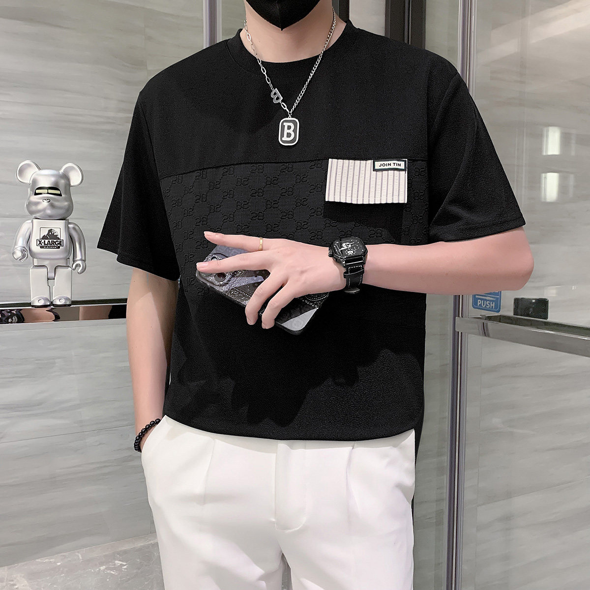 只有黑色冰丝拼接短袖t恤男设计感潮牌小伙半袖衣服 DT30/特P45图片
