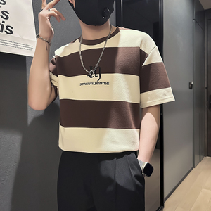韩版ins街头撞色条纹短袖T恤男社会小伙店主风B323-DT36-P48图片
