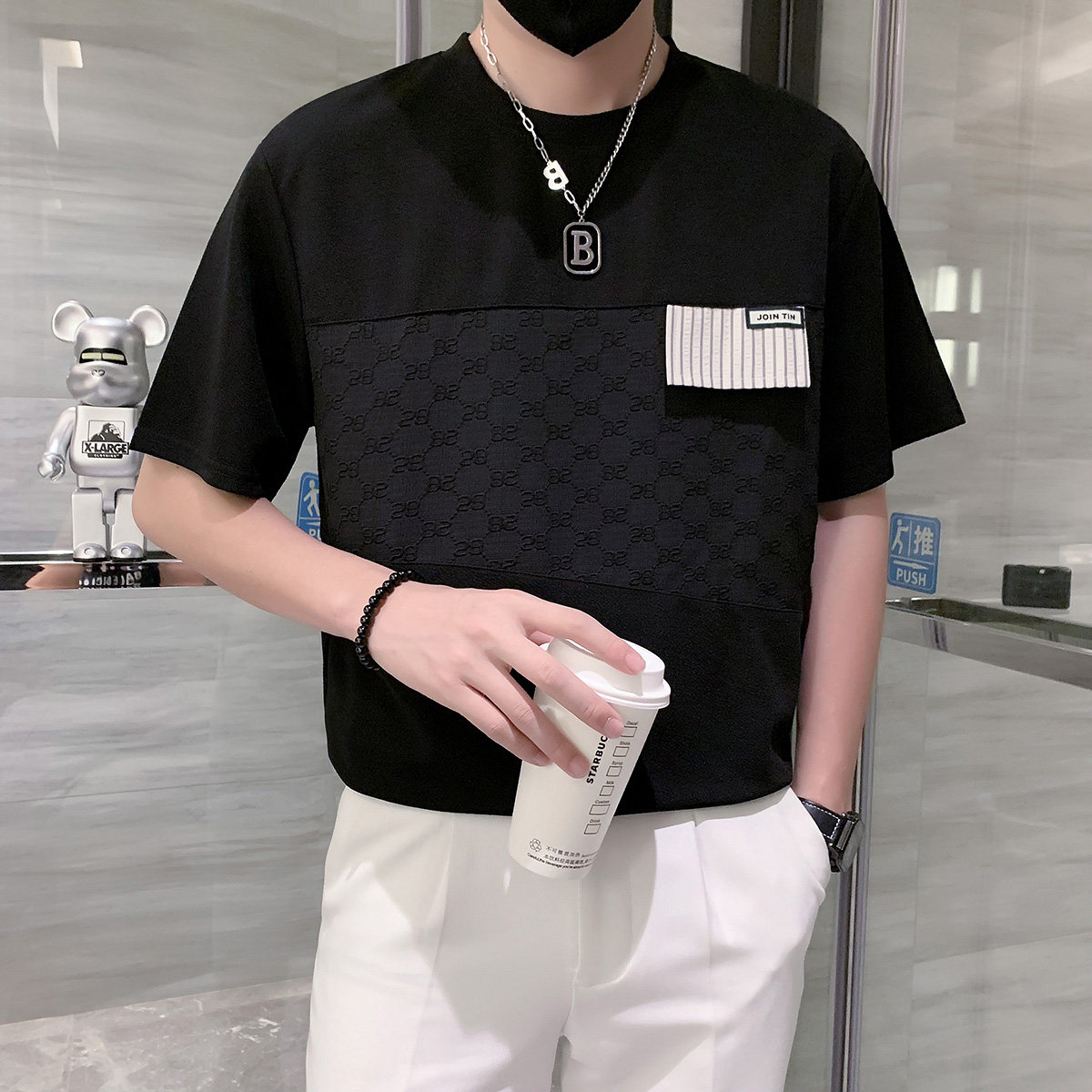 只有黑色冰丝拼接短袖t恤男设计感潮牌小伙半袖衣服DT30/特P45,男装T恤,星座301C（原B323）