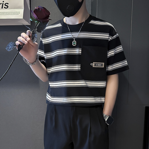 夏季条纹T恤男宽松高级痞帅社会小伙店主风B323-DT45-特P58控78图片