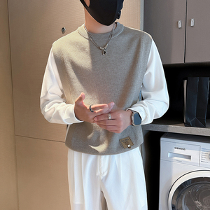 抖音假两件毛衣男高级感潮牌秋冬拼接社会小伙B323-M35-P88图片
