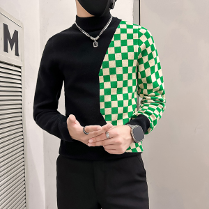 社会小伙毛衣男半高领修身棋盘格拼色针织衫B323-M48-P78控108图片