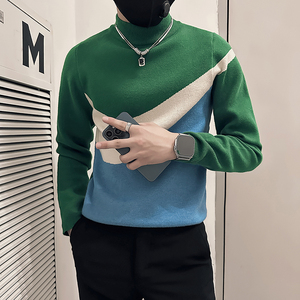 社会小伙毛衣男半高领高级感修身拼色针织衫B323-M49-P78控108