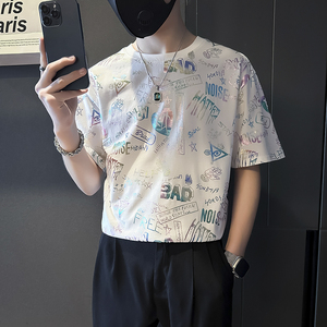 高级感印花短袖T恤男潮流百搭社会小伙店主风B323-DT44-P48控68图片