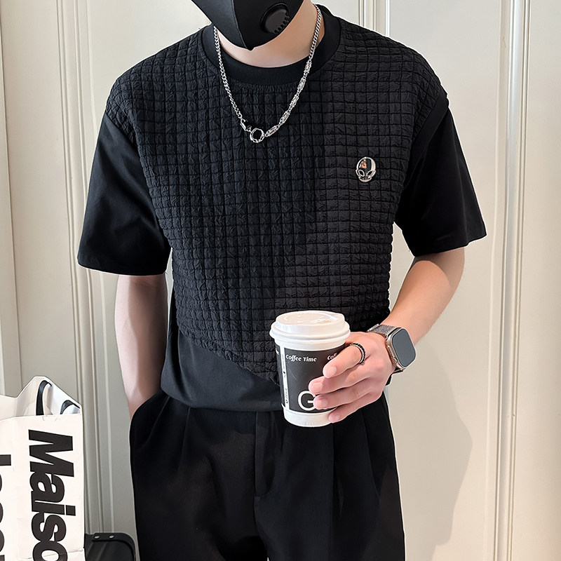 短袖T恤男款小众高级设计感拼接社会小伙店主风B323-DT58-P58图片