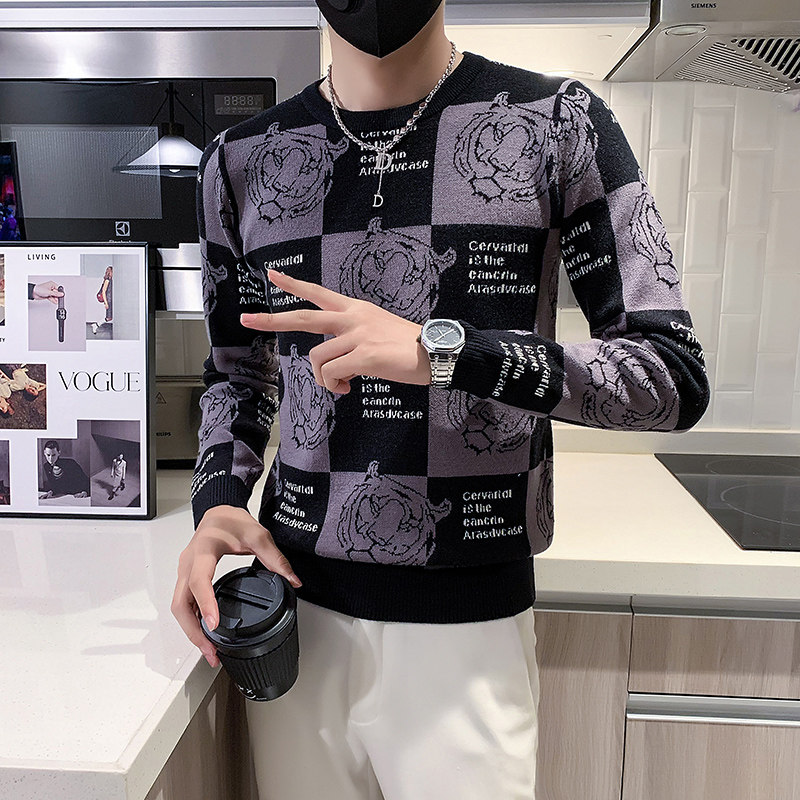 秋冬加厚老虎格子图案毛衣男潮牌社会小伙修身高级感M23-P88两色,男装针织衫/毛衣,星座301C（原B323）