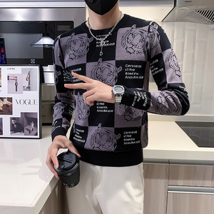 秋冬加厚老虎格子图案毛衣男潮牌社会小伙修身高级感M23-P88 两色图片